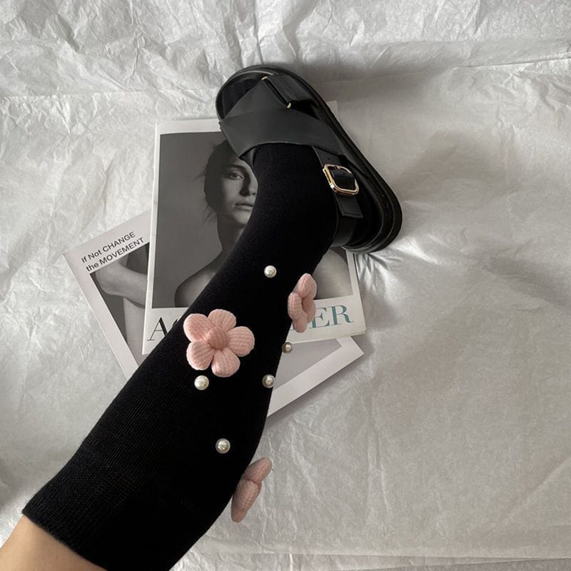 Pearl Flower Calf Socks for Women – White & Black | Cute Embroidered Socks with Pearls
