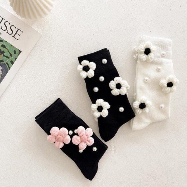 Pearl Flower Calf Socks for Women – White & Black | Cute Embroidered Socks with Pearls