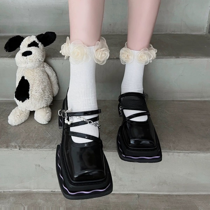 Mesh Flower Ankle Socks – Black & White Frill Socks | Cute Lolita Style Calf Socks for Women & Girls