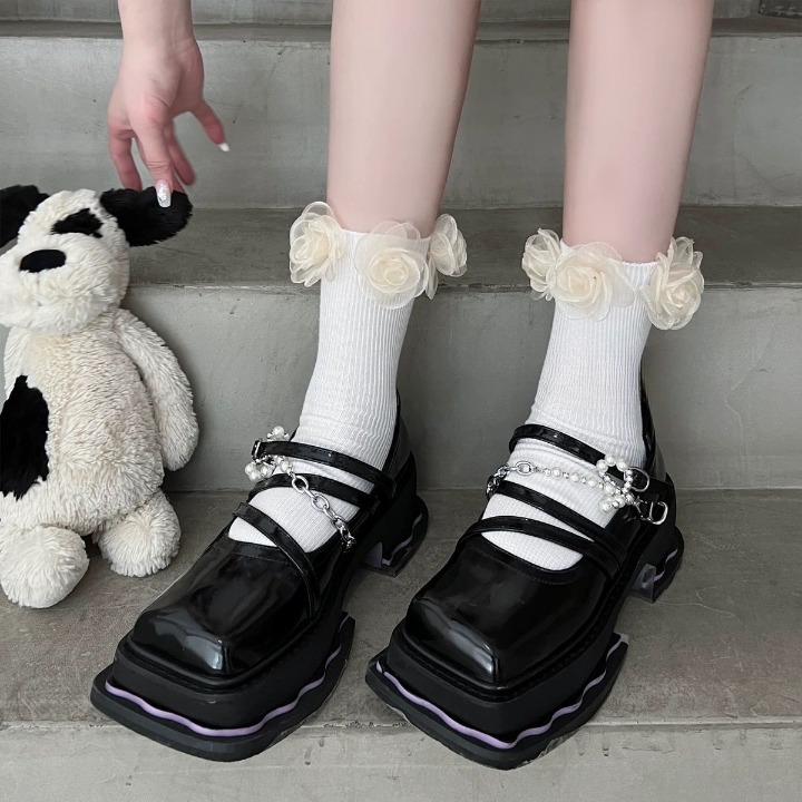 Mesh Flower Ankle Socks – Black & White Frill Socks | Cute Lolita Style Calf Socks for Women & Girls