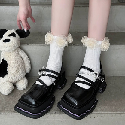 Mesh Flower Ankle Socks – Black & White Frill Socks | Cute Lolita Style Calf Socks for Women & Girls