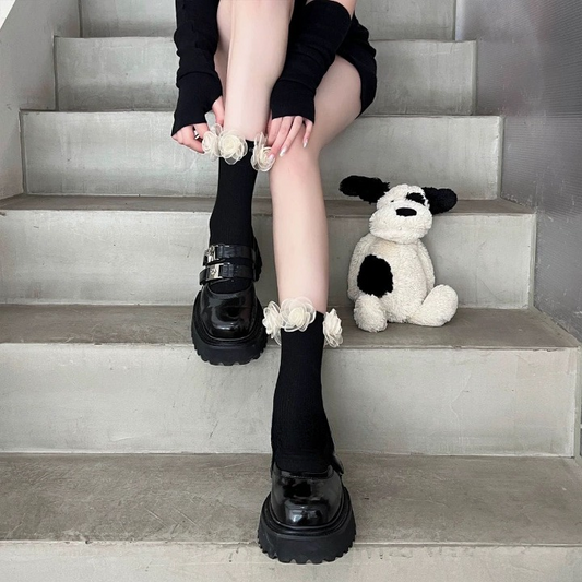 Mesh Flower Ankle Socks – Black & White Frill Socks | Cute Lolita Style Calf Socks for Women & Girls