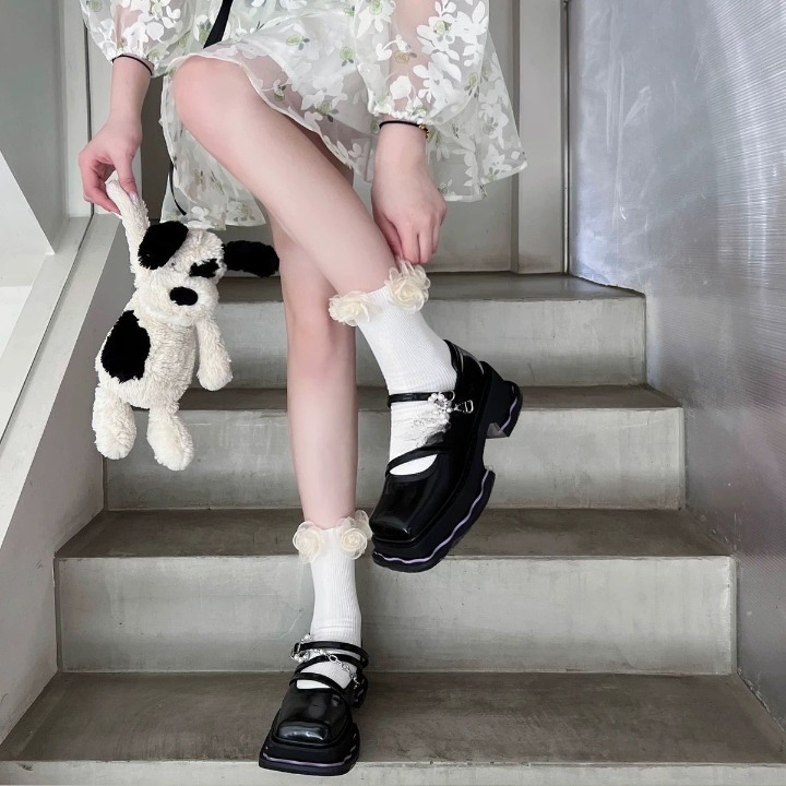 Mesh Flower Ankle Socks – Black & White Frill Socks | Cute Lolita Style Calf Socks for Women & Girls
