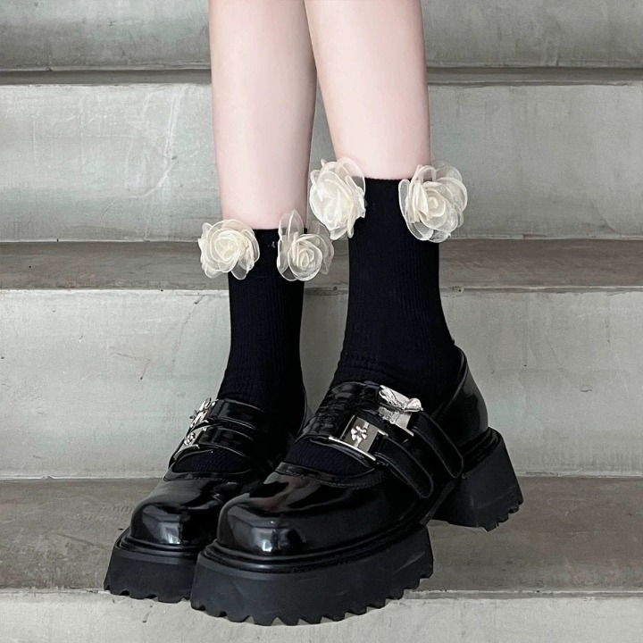 Mesh Flower Ankle Socks – Black & White Frill Socks | Cute Lolita Style Calf Socks for Women & Girls