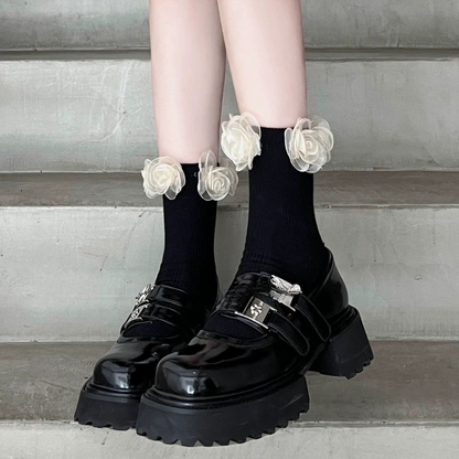 Mesh Flower Ankle Socks – Black & White Frill Socks | Cute Lolita Style Calf Socks for Women & Girls