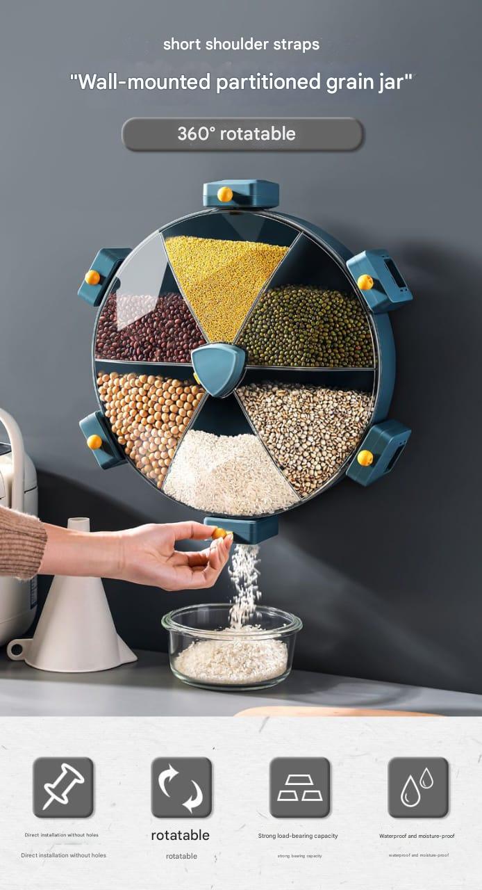Wall-mounted partitioned grain jar with short shoulder straps, 360-degree rotatable design.