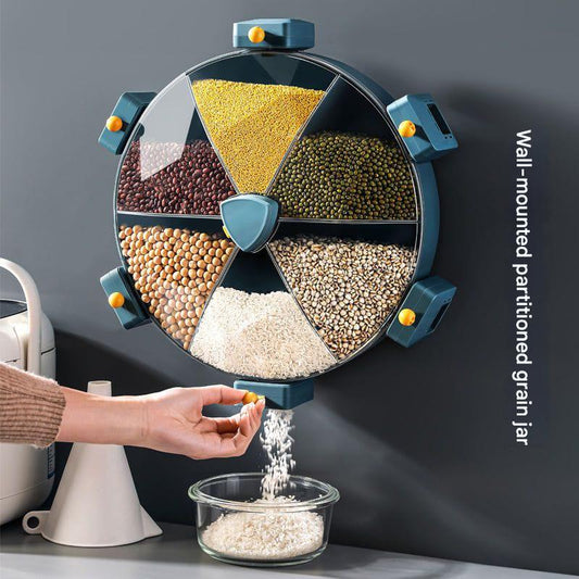 Wall-mounted partitioned grain jar with various grains and a person using it.