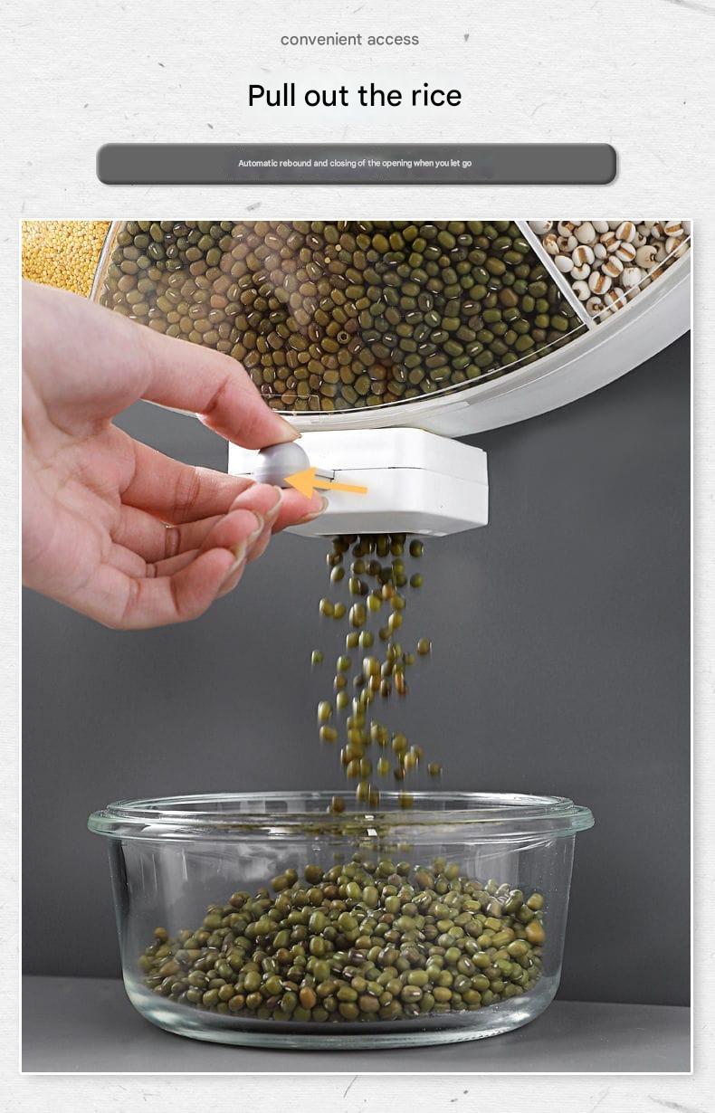 Wall-Mounted Rotating Grain Storage Box – 360° Partitioned Dispenser for Rice, Pulses, and Grains