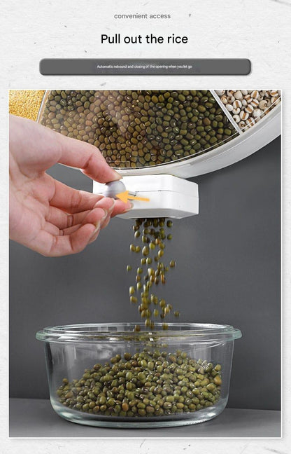 Wall-Mounted Rotating Grain Storage Box – 360° Partitioned Dispenser for Rice, Pulses, and Grains