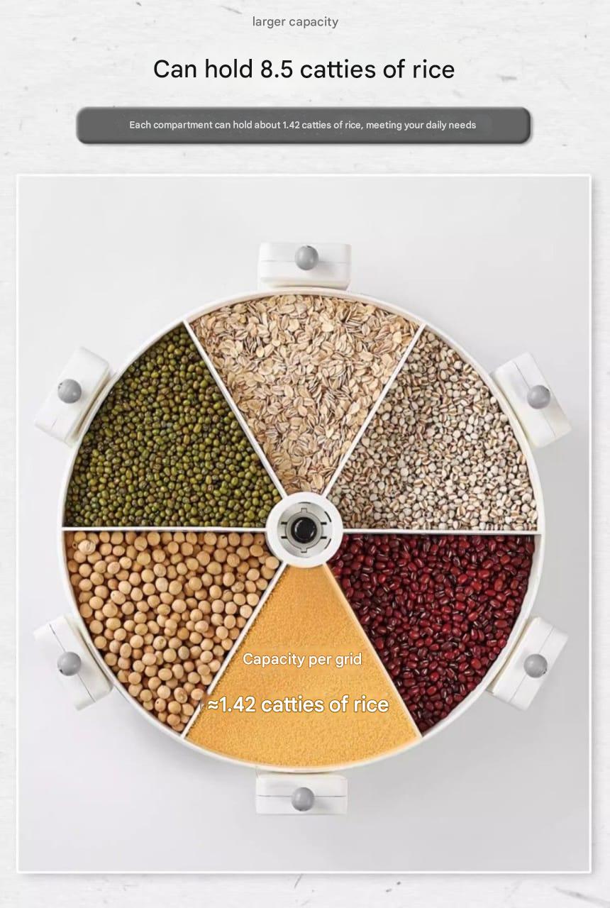 Wall-Mounted Rotating Grain Storage Box – 360° Partitioned Dispenser for Rice, Pulses, and Grains
