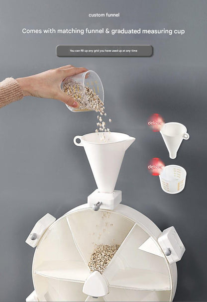 Wall-Mounted Rotating Grain Storage Box – 360° Partitioned Dispenser for Rice, Pulses, and Grains