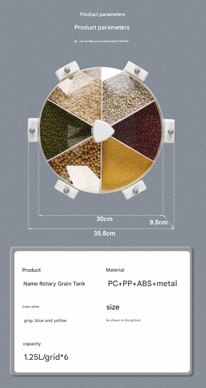 Rotary grain tank with color swatches and product parameters on a gray background