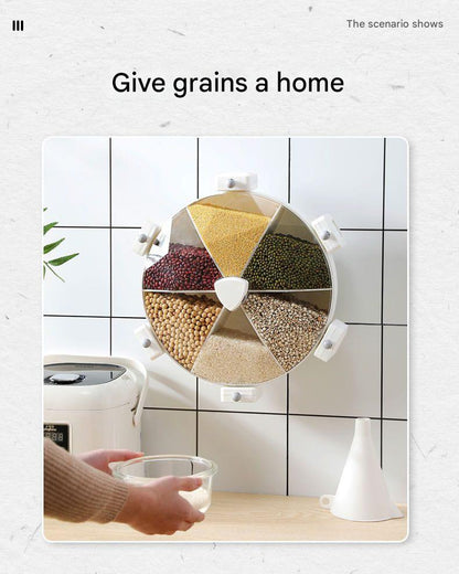Wall-Mounted Rotating Grain Storage Box – 360° Partitioned Dispenser for Rice, Pulses, and Grains
