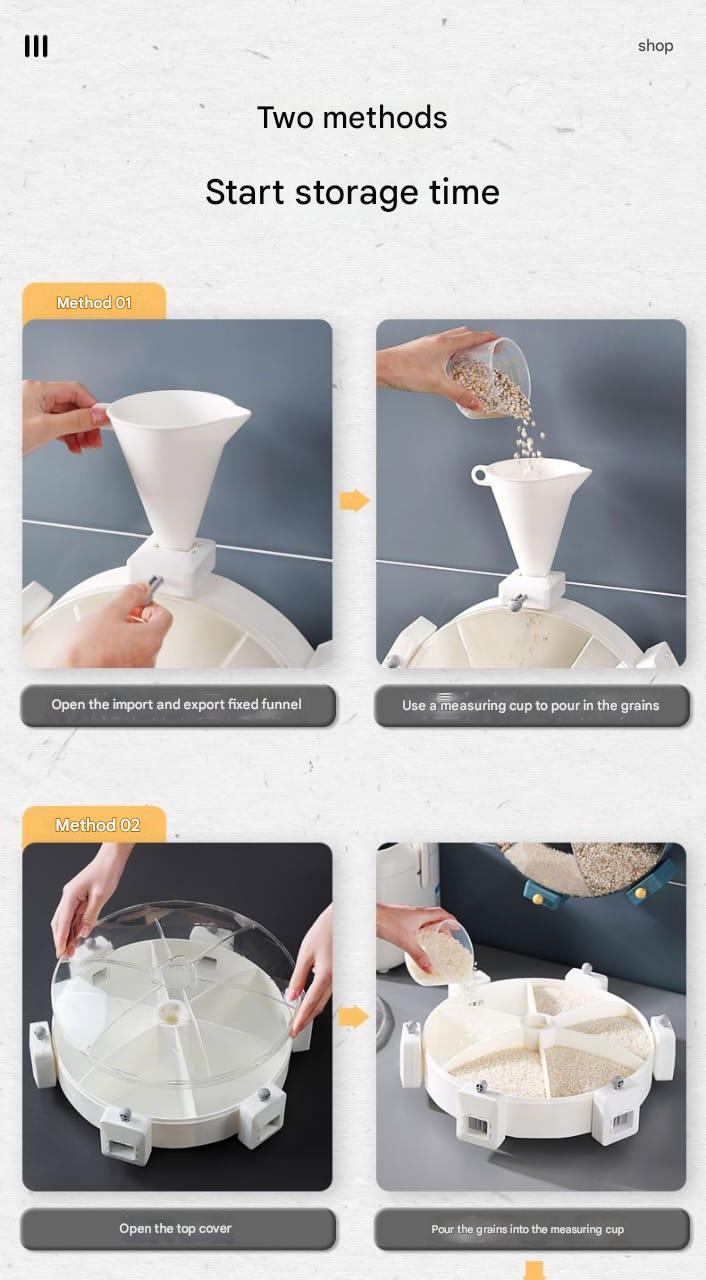 Instructions for using a storage device with a funnel and top cover on a gray background.