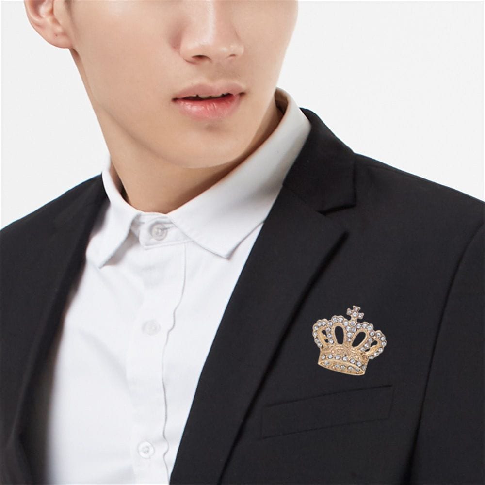 Royal Crown Brooch Pin for Men & Women – Crystal Rhinestone Lapel Badge, Gold & Silver Variants