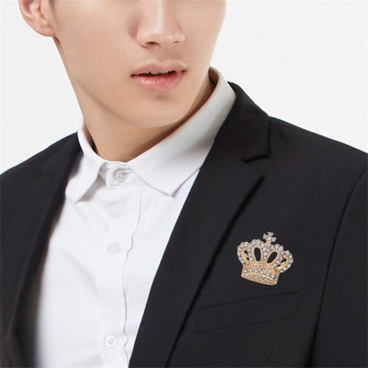 Royal Crown Brooch Pin for Men & Women – Crystal Rhinestone Lapel Badge, Gold & Silver Variants