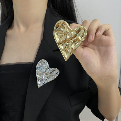 Chunky Heart Brooch Pin - Modern Gold & Silver Textured Lapel Pin