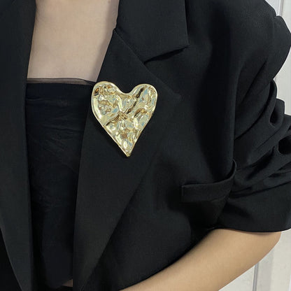 Chunky Heart Brooch Pin - Modern Gold & Silver Textured Lapel Pin