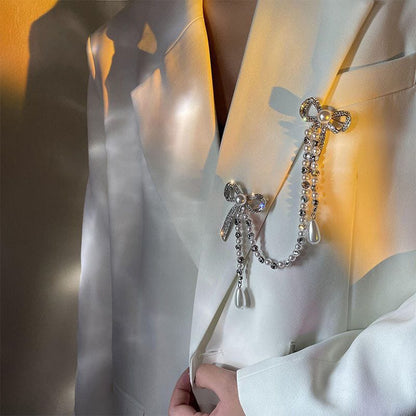 Sparkling Bowknot Chain Brooch Pin - Elegant Crystal & Pearl Sweater Shawl Clip