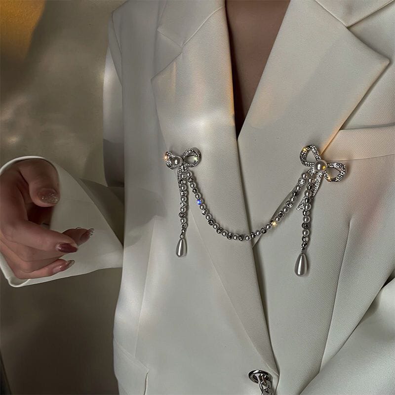 Sparkling Bowknot Chain Brooch Pin - Elegant Crystal & Pearl Sweater Shawl Clip