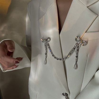 Sparkling Bowknot Chain Brooch Pin - Elegant Crystal & Pearl Sweater Shawl Clip