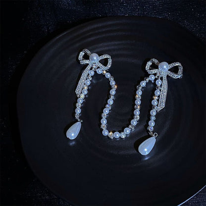 Sparkling Bowknot Chain Brooch Pin - Elegant Crystal & Pearl Sweater Shawl Clip