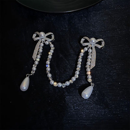 Sparkling Bowknot Chain Brooch Pin - Elegant Crystal & Pearl Sweater Shawl Clip