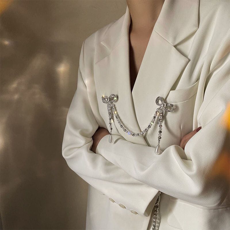 Sparkling Bowknot Chain Brooch Pin - Elegant Crystal & Pearl Sweater Shawl Clip
