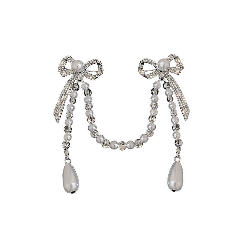 Sparkling Bowknot Chain Brooch Pin - Elegant Crystal & Pearl Sweater Shawl Clip