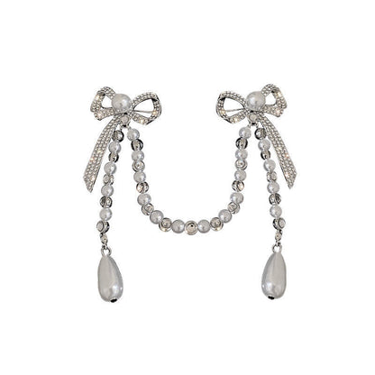 Sparkling Bowknot Chain Brooch Pin - Elegant Crystal & Pearl Sweater Shawl Clip