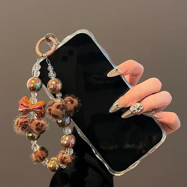 Leopard Ball Bow Keychain Phone Case with Transparent Clip – Cute, Stylish & Protective