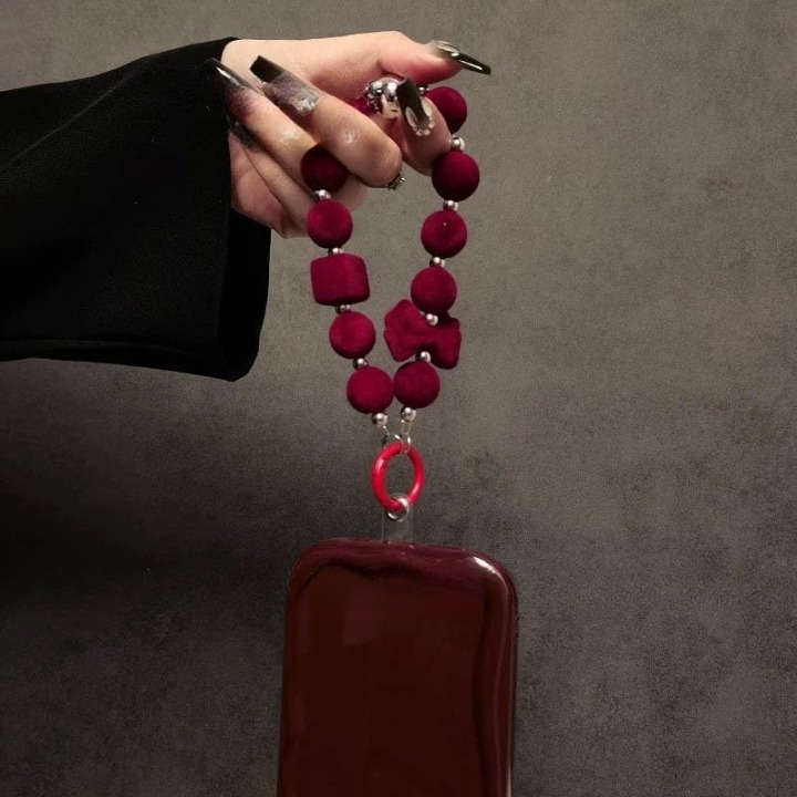 Wine Red Bow Beaded Keychain Phone Case with Transparent Clip – Stylish & Protective