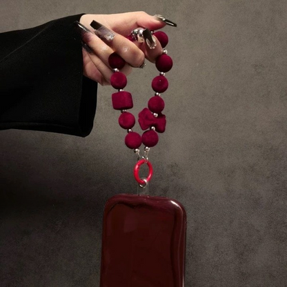 Wine Red Bow Beaded Keychain Phone Case with Transparent Clip – Stylish & Protective