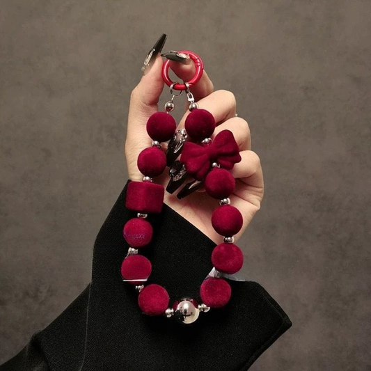 Wine Red Bow Beaded Keychain Phone Case with Transparent Clip – Stylish & Protective
