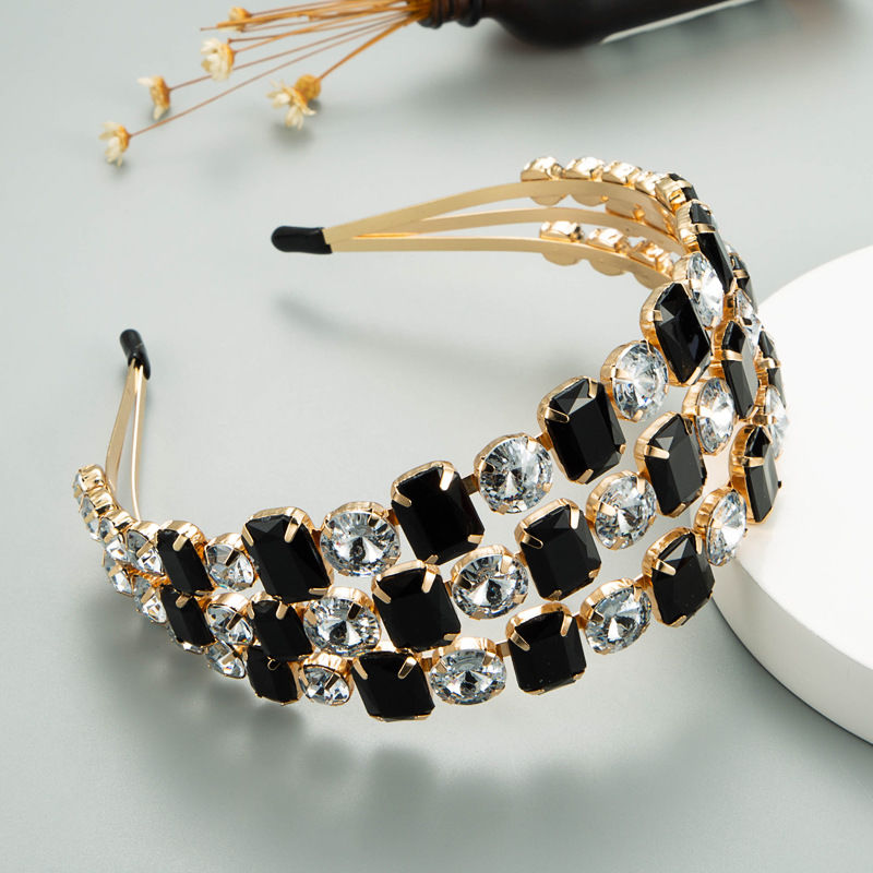 Luxury Three Row Black & White Crystal Headband – Elegant Rhinestone Hair Accessory