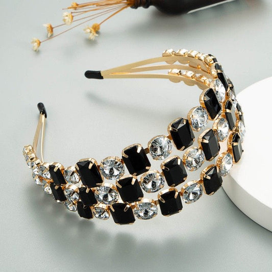 Luxury Three Row Black & White Crystal Headband – Elegant Rhinestone Hair Accessory
