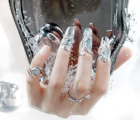 Silver Nail Armor with Free Size Adjustable Rings