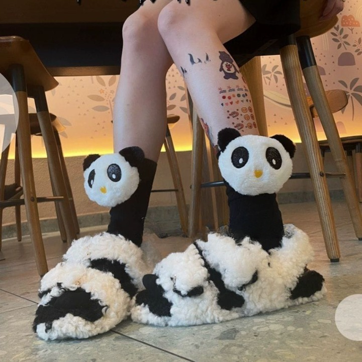 Cute 3D Panda Socks – White & Black Plush Cartoon Animal Socks for Women & Girls