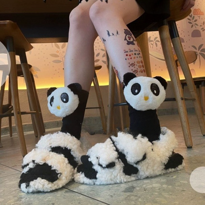 Cute 3D Panda Socks – White & Black Plush Cartoon Animal Socks for Women & Girls