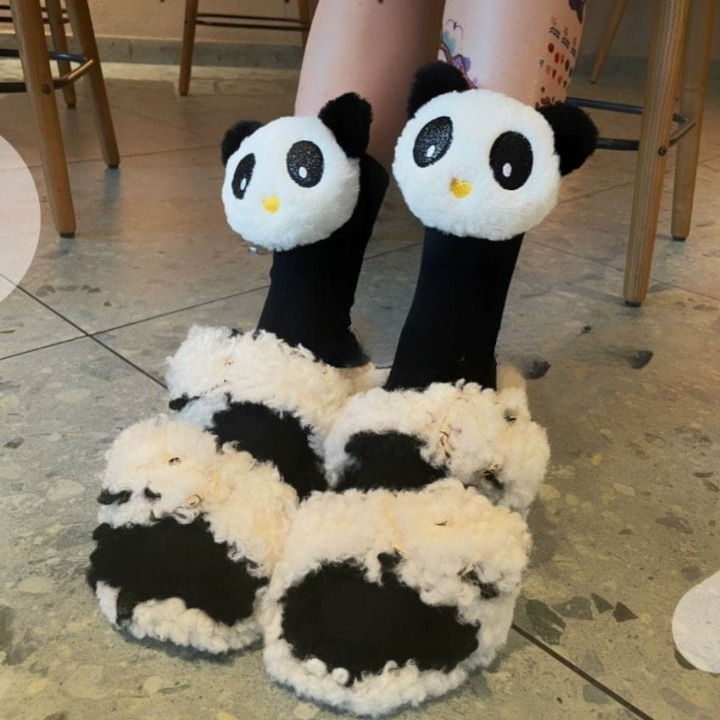 Cute 3D Panda Socks – White & Black Plush Cartoon Animal Socks for Women & Girls