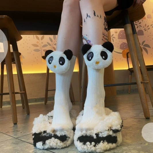 Cute 3D Panda Socks – White & Black Plush Cartoon Animal Socks for Women & Girls