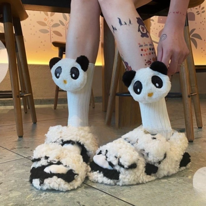Cute 3D Panda Socks – White & Black Plush Cartoon Animal Socks for Women & Girls