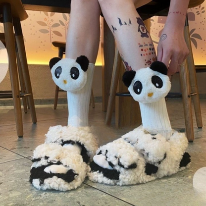 Cute 3D Panda Socks – White & Black Plush Cartoon Animal Socks for Women & Girls