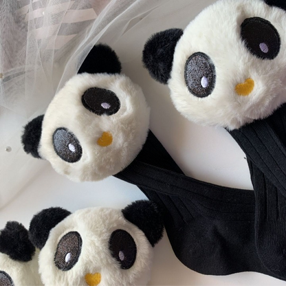 Cute 3D Panda Socks – White & Black Plush Cartoon Animal Socks for Women & Girls