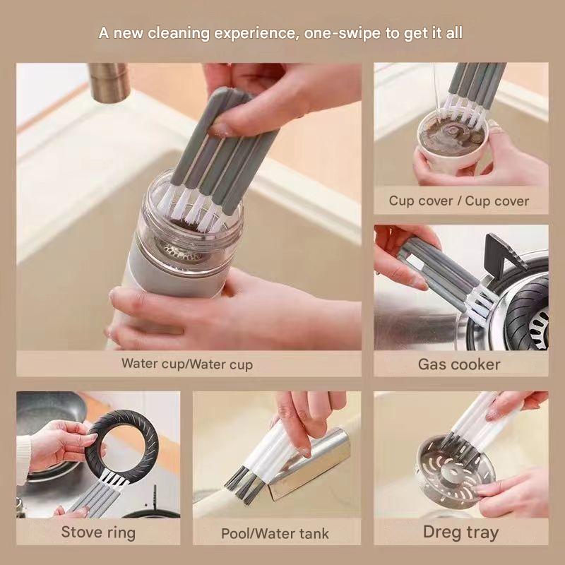 Multifunctional cleaning brush used on various kitchen items with text indicating its versatility.