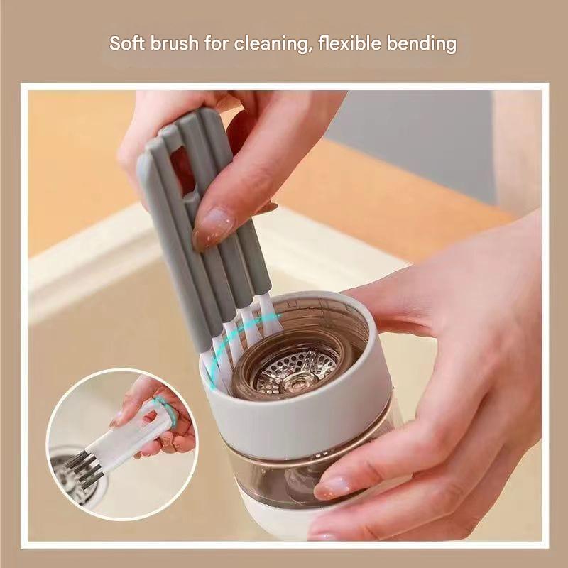 Person using a soft brush to clean a sink drain with text 'Soft brush for cleaning, flexible bending'.