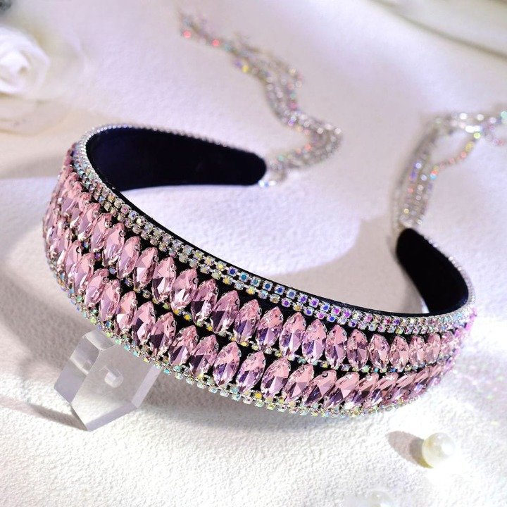 Luxury Shiny Pink Crystal Headband – Rhinestone Hair Accessory for Women & Brides