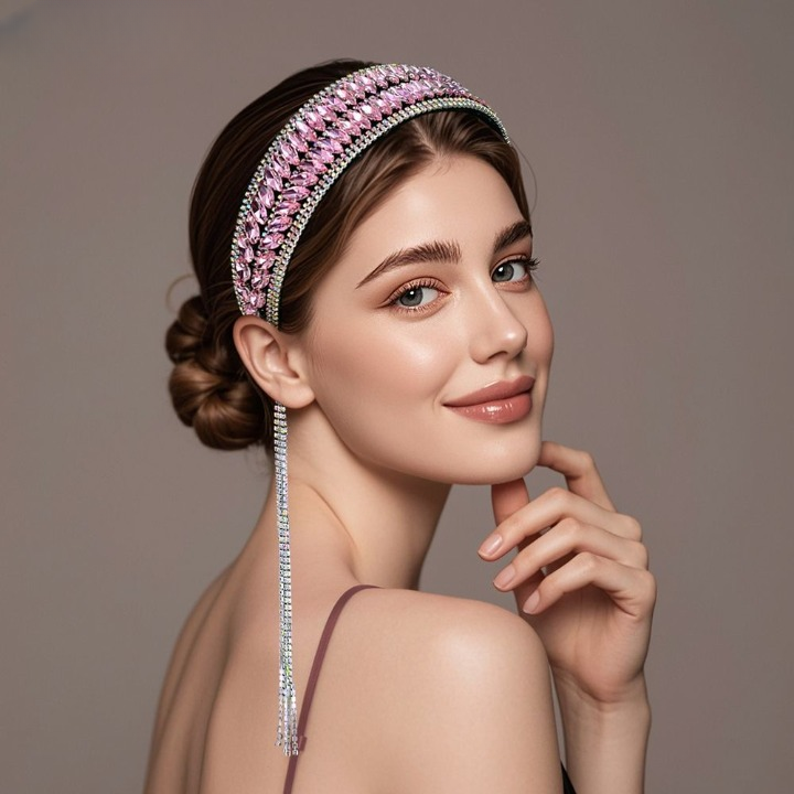 Luxury Shiny Pink Crystal Headband – Rhinestone Hair Accessory for Women & Brides