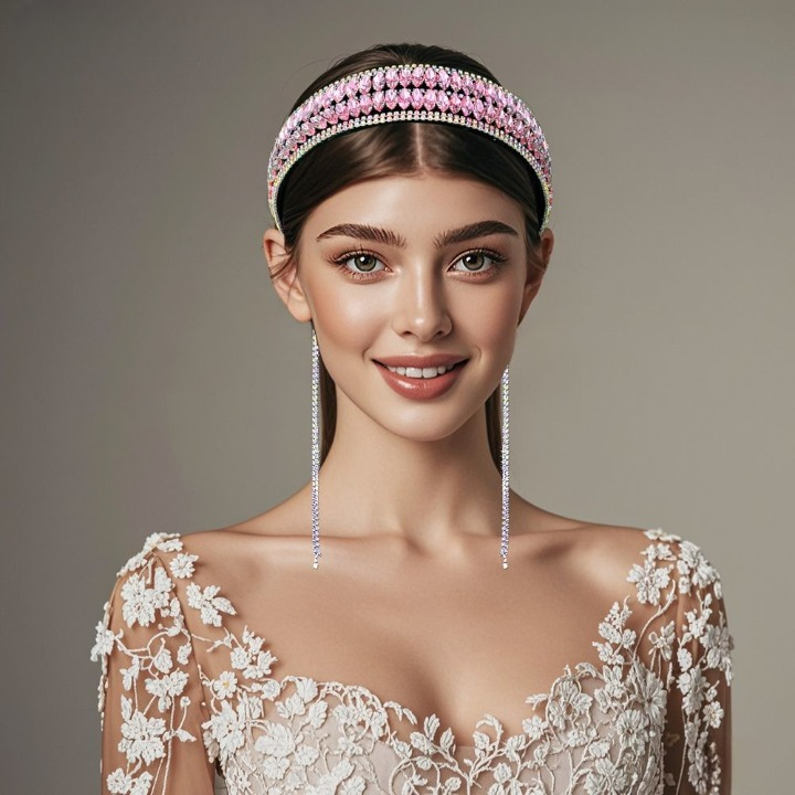 Luxury Shiny Pink Crystal Headband – Rhinestone Hair Accessory for Women & Brides
