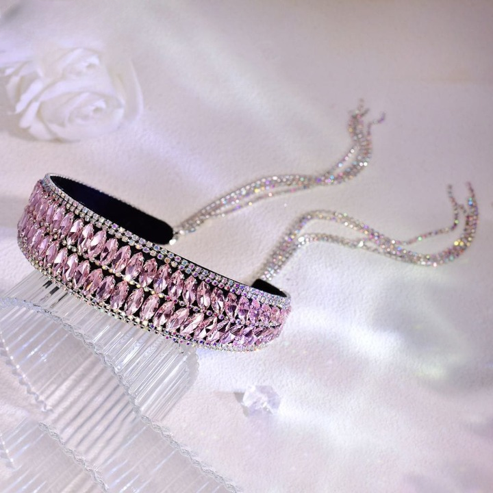 Luxury Shiny Pink Crystal Headband – Rhinestone Hair Accessory for Women & Brides